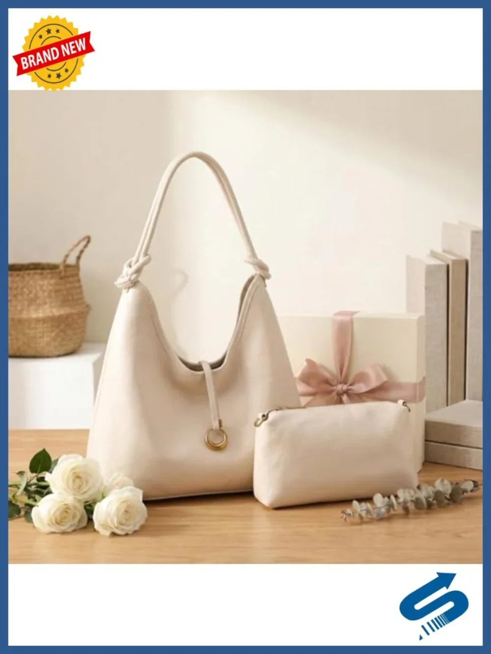2-in-1 Hobo Tote Set with Detachable Pouch, Vegan PU Leather Shoulder Bag